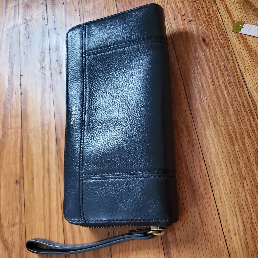 Fossil  Jori Zip Around Midnight Navy Looks Black Leather Wallet Clutch Travel - Picture 4 of 15